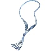 COOLSTEELANDBEYOND Boho Chic Lariat Necklace Tassel Pendant Pastel Blue Crystal Bead Three-strand Long Chain Y-Shape