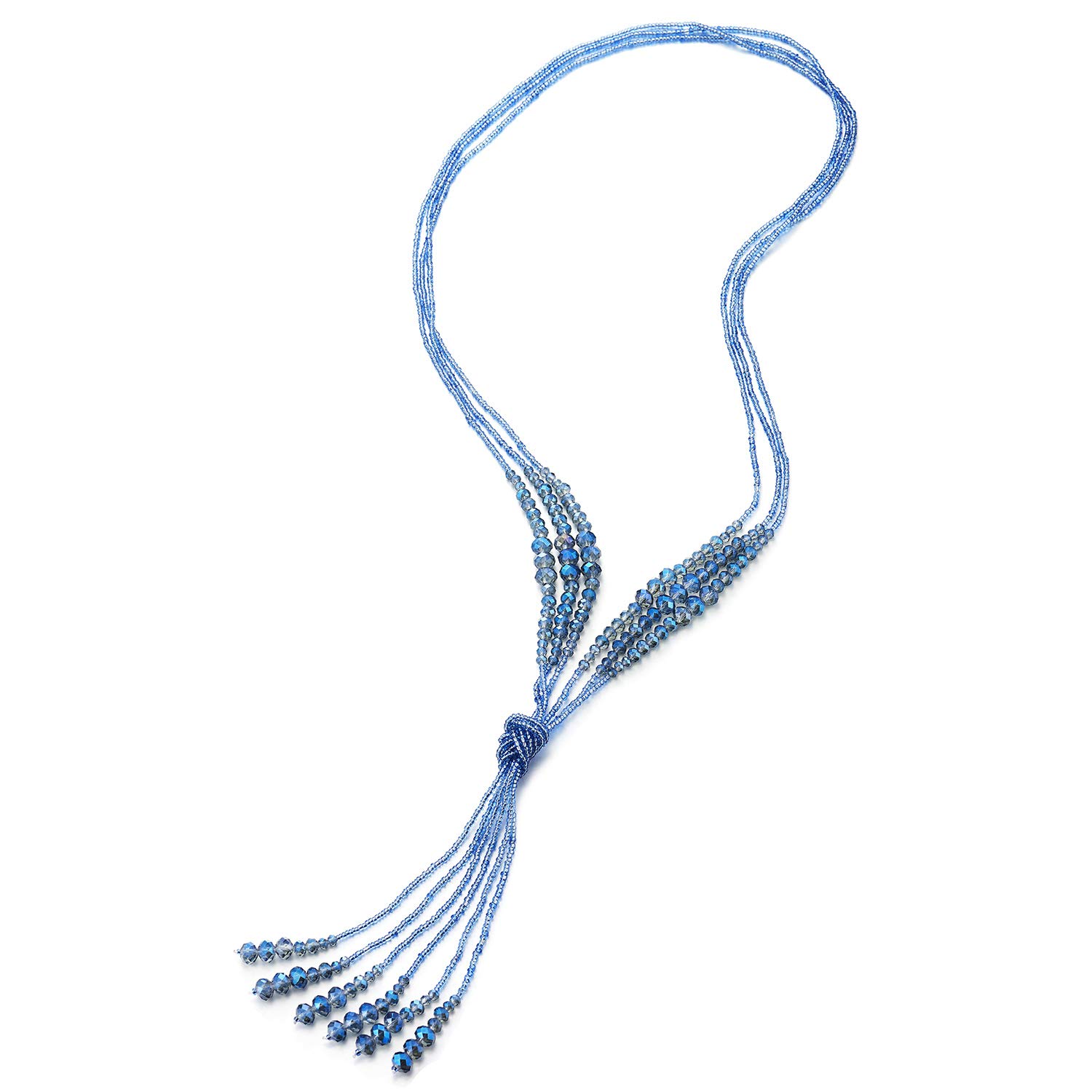 COOLSTEELANDBEYOND Boho Chic Lariat Necklace Tassel Pendant Pastel Blue Crystal Bead Three-strand Long Chain Y-Shape
