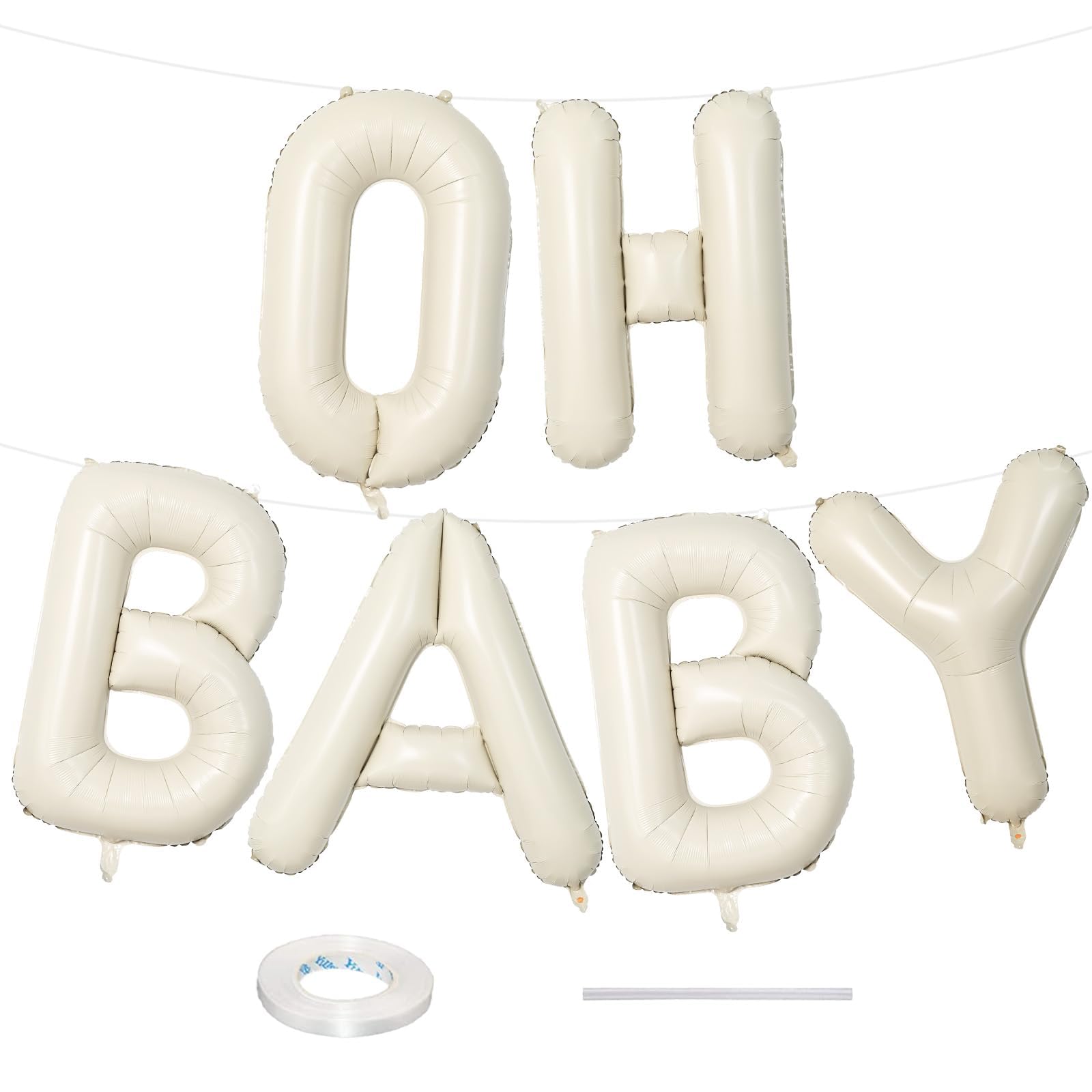 Photo 1 of 40 Inch Beige OH BABY Balloon for Baby Shower, Large Cream White Oh Baby Balloons Letters with Ribbon, Neutral Ivory Alphabet Oh Baby Balloon Banner Sign for Gender Reveal Backdrop Party Decorations