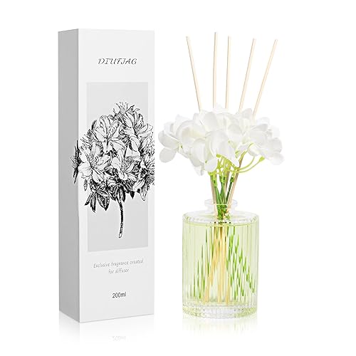 6.7 oz Jasmine White Tea Reed Diffuser Set, Scent Diffuser for Home Bathroom Decor,200 ml Air Fresheners with 5 Rattan Sticks 6 Artificial Flowers, Long Lasting up to 50 Days