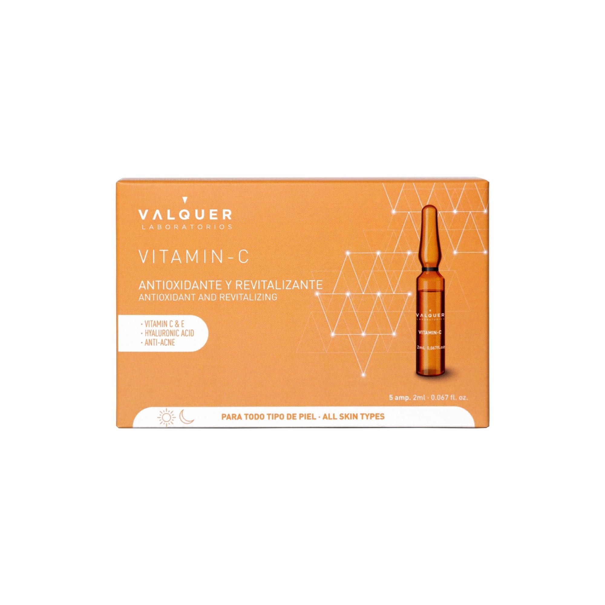 Valquer Laboratorios Vitamin C Facial Ampoules Facial Serum Antioxidant and Conditioner All Skin Types With Hyaluronic Acid Antiacne - 5 x 2 ml