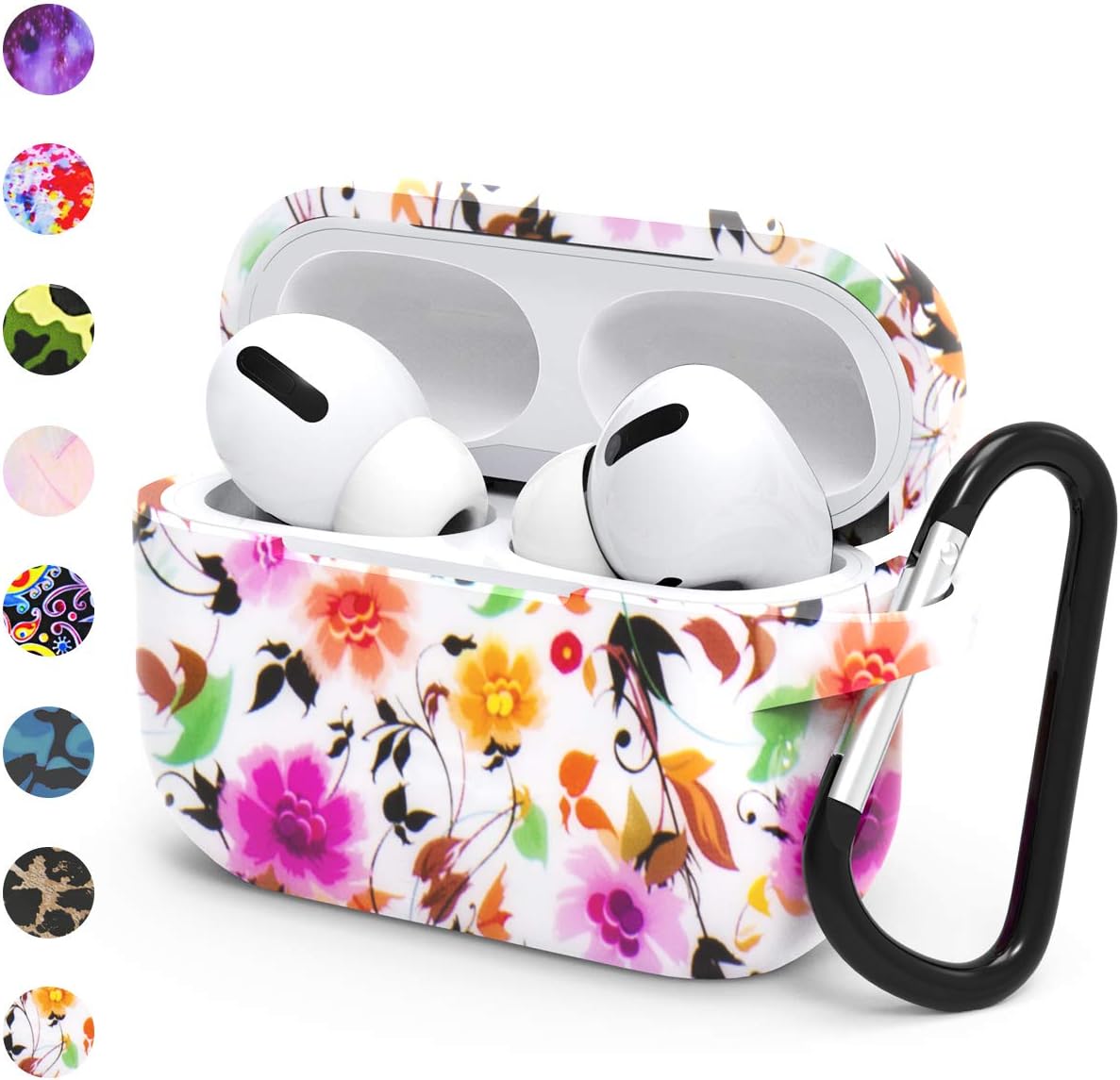 HUMENN Protective Cover Compatible with AirPods Pro Case, Soft Silicone Fadeless Pattern Printed Case Cover for Airpods pro 2019 with Carabiner(Ink Painting Lotus)