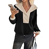 Fisoew Womens Cropped Oversized Sweatshirt Casual Lapel V Neck Long Sleeve Contrast Drawstring Loose Fit Fall Pullover Tops