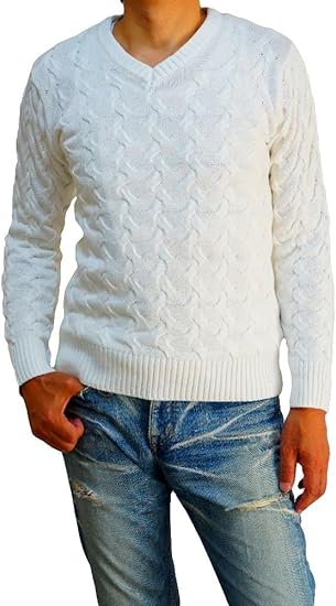 Amazon コットンニット 綿ニット メンズ Vネック ケーブル編み ウェーブ柄 綿セーター セーター 通販