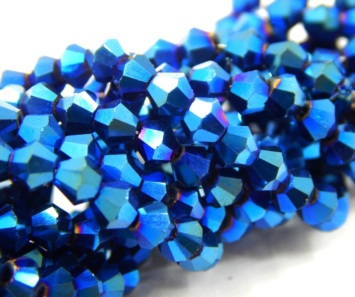 Perlin 90x Bohemian Crystal Pearls 4 mm Double Cone Czech Glass Cut Bicone Beads Metallic Blue