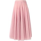 SANGTREE Women's Long Tulle Skirts Elastic High Waist A-Line Layered Tutu Mesh Flowy Skirt Ankle Length