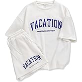 Klyatpxoen Size 6-12 Years Girl's Tracksuit Sets 2 Piece Outfits Letter Print Vacation Tee Top and Drawstring Waist Shorts