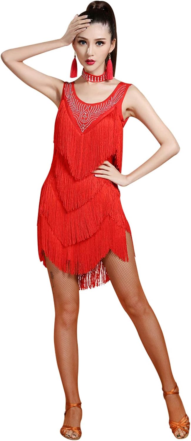 ZX Women's V Back Rhinestone Deco Fringe Dance Party Dress Latin Ballroom Dress: Clothing