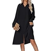 AIRRUMVE Women's Casual Collar V Neck Button Down Long Sleeve Loose Midi Shirt Dress with Pocket
