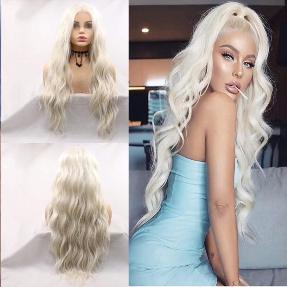 Xiweiya Platinum Blonde Wig Long Loose Curly Wavy Blonde White Synthetic Front Wigs Middle Part Natural Hairline Heat Resistant Fiber Hair Replacement Wigs 180% Density Half Hand Tied 24inch