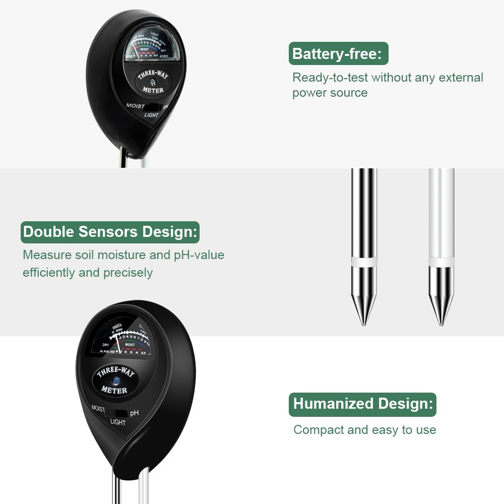 Sonkir Soil Tester, MS03 3-in-1 Plant Moisture Sensor Meter/Light/pH Tester for Home, Garden, Lawn, Farm, Indoor & Outdoor Use, Promote Plants Healthy Growth (Black)