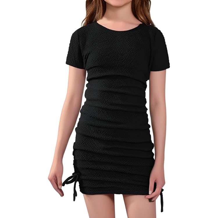 Tight Dress For Girls 10-12 OYOANGLE Girl's Heart Print Ruched Dress -  Short Sleeve Bodycon Dress With Drawstring Waist Girls Bodycon Dress