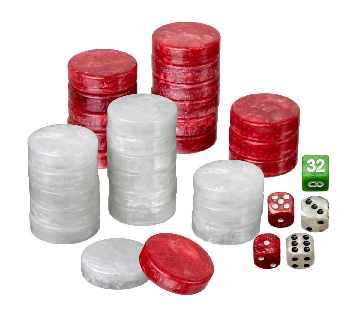 Set of Backgammon Pieces/Checkers, 34 mm, Red/White, Plastic
