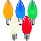 Novelty Lights 25 Pack C9 Ceramic Outdoor Christmas Replacement Bulbs | Multi Color, 7 Watt Incandescent Light Bulbs, E17 Intermediate Nickel Coated Base, Holiday Roofline Replacement Lights