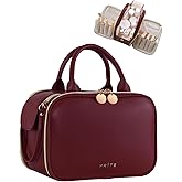 Prite Travel Makeup Bag Women’s Large Capacity Waterproof Cosmetic Organizer Portable Open Flat Toiletry Case with Free-standing Brush Holder and Handle(Burgundy Large)
