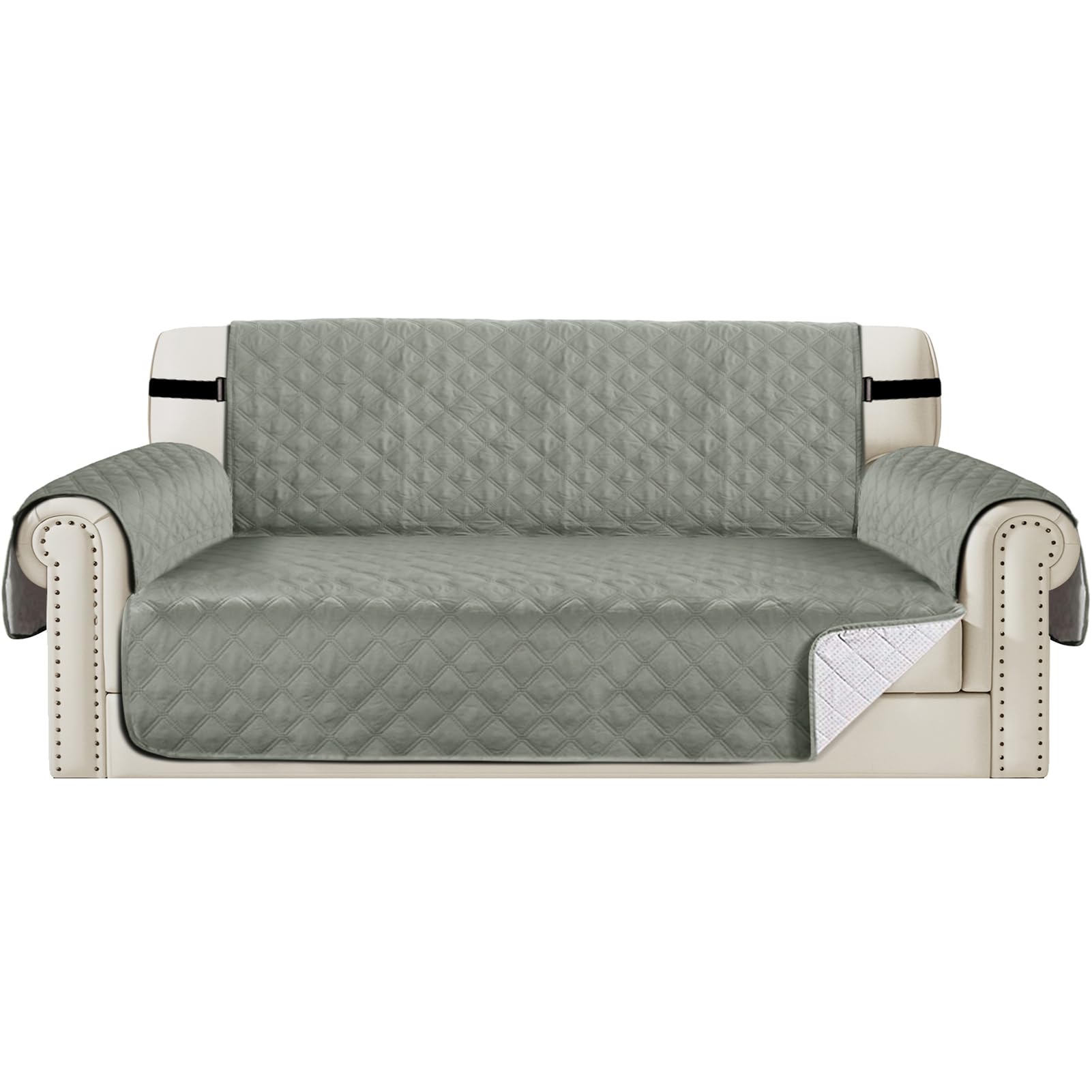 Teynewer Sofa Covers 100% Waterproof 4 Seater Sofa Slipcovers Reversible Washable Furniture Protector, Non-Slip Washable with Adjustable Elastic Straps Couch Covers for Kids, Dogs, Pets, Light Grey