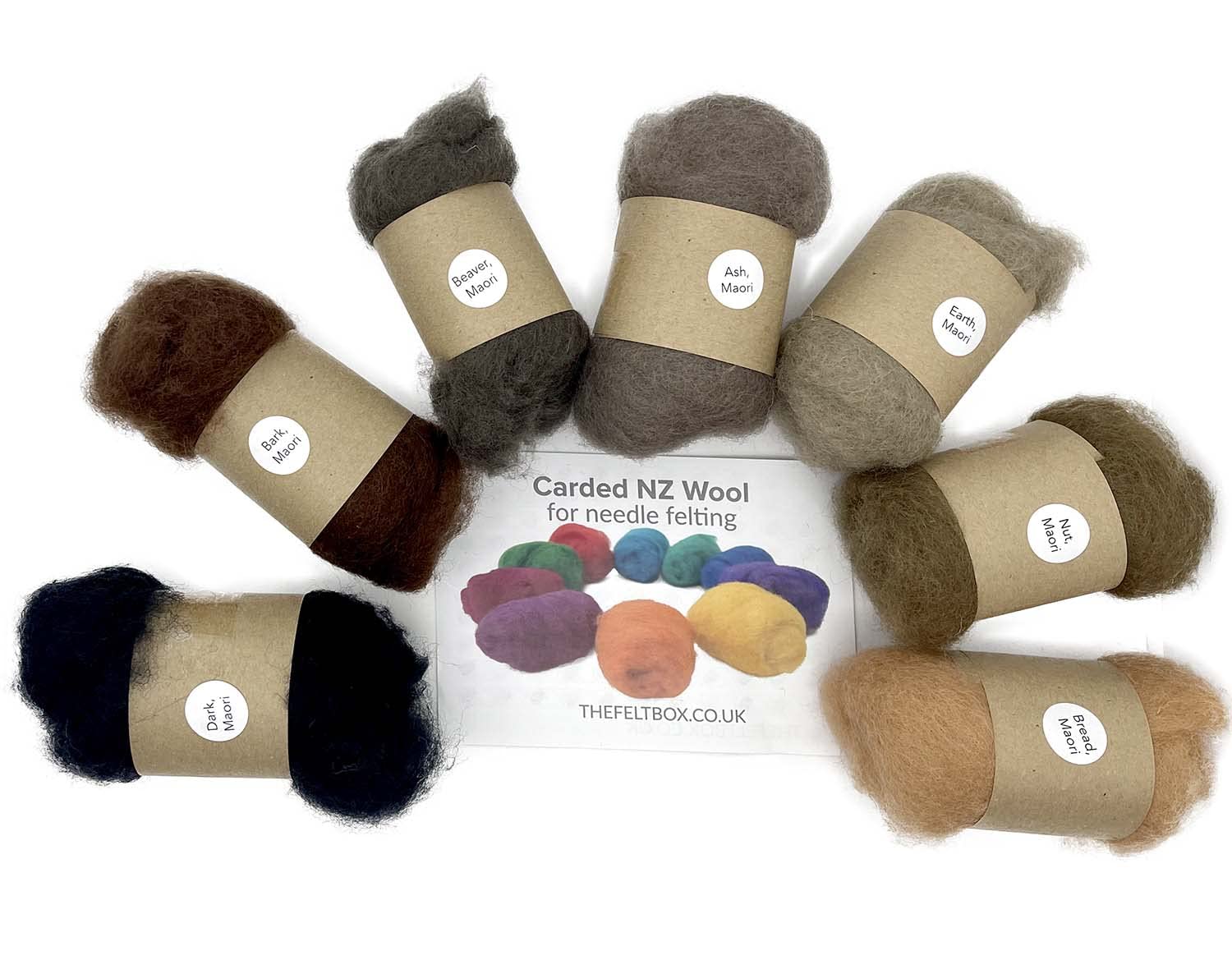The Felt Box Needle Felting Wool – Natural Brown, Beige & Earth Tones – Maori Range Mud Rainbow Set 7 Colours x 20g (140g Total) Carded Wool Batts for Needle & Wet Felting Crafts