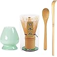 Handcrafted Bamboo Matcha Whisk Set with Ceramic Whisk Holder and Tea Scoop, for Perfect Traditional Matcha Tea Drinking Experience (Matcha Whisk Set of 4)