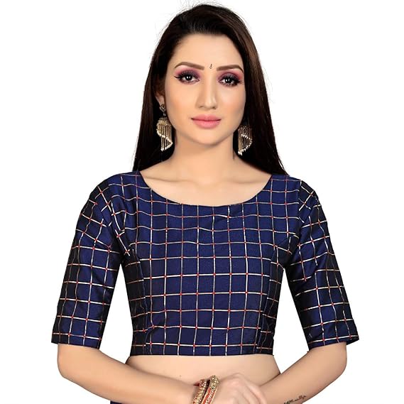 Women's Brocade,Inner-Cotton Blouse (Navy Blue,XXL)-PID29905