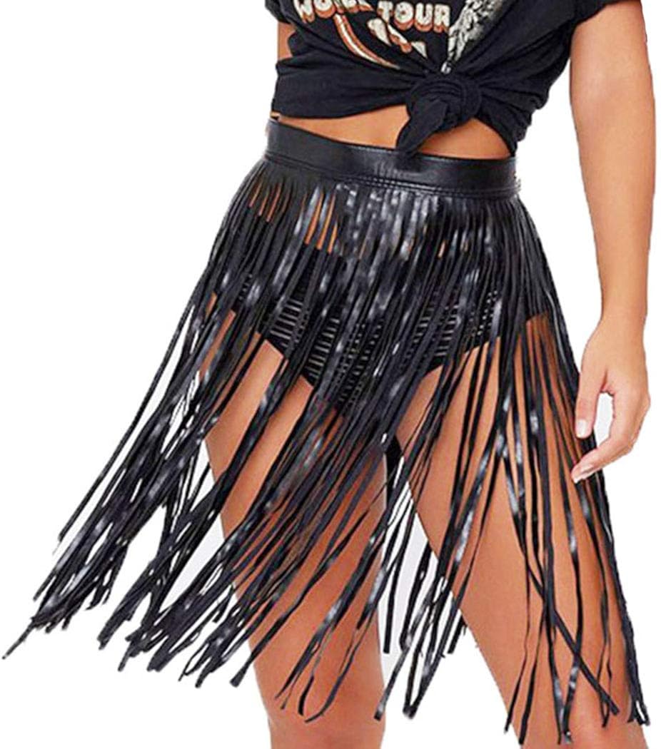 Victray Leather Black Skirts Tassel Waist Chain Belts Punk Waist Body Accessory Festival Costume for Women and Girls: Clothing