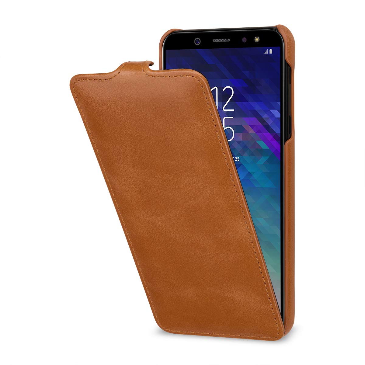 StilGut Slim Vertical Flip Case for Galaxy A6 Plus/A6+ 2018, Genuine Leather Samsung Galaxy A6 Plus Case, Cognac Brown