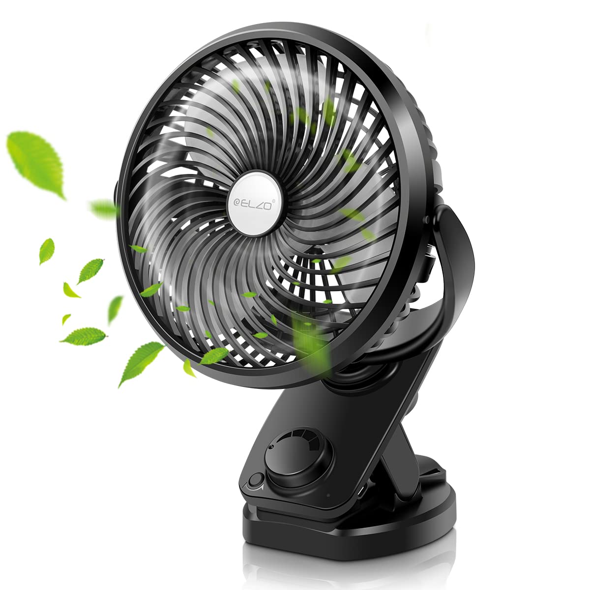 ELZO USB Desk Fan, 5000mAh Mini Clip, Auto Oscillating, 360° Rotation Rechargeable Stepless Speed, Super Quiet Portable for Office Stroller Car Camping Travel, Black