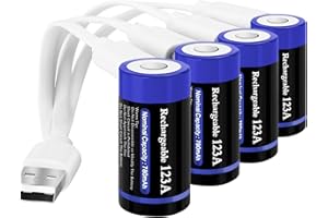 wowpower 4 Pack USB Rechargeable 123A Batteries with 4 in 1 Charging Cable, Lithium 3.7v 123 Battery 780mAh