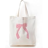 Zeghk Coquette Pink Bow Canvas Tote Bag Aesthetic, Bow Beach Tote Bag, Trendy Gifts for Women 2025, Teen Girl Gifts Trendy Stuff, Shopping Bags