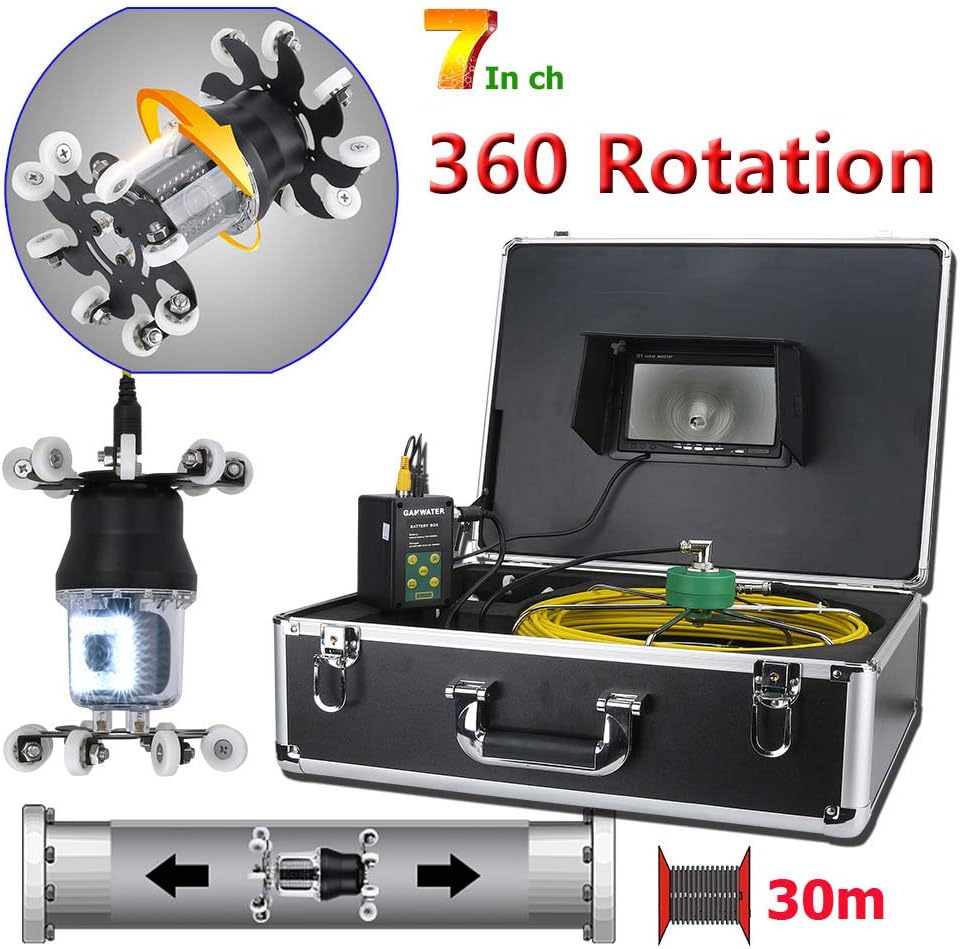 Tehok Pipe Pipeline Inspection Camera,360 Degree Rotating Camera Drain Sewer Industrial Endoscope Waterproof IP68 Snake Video System with 7 Inch LCD Monitor 800TVL