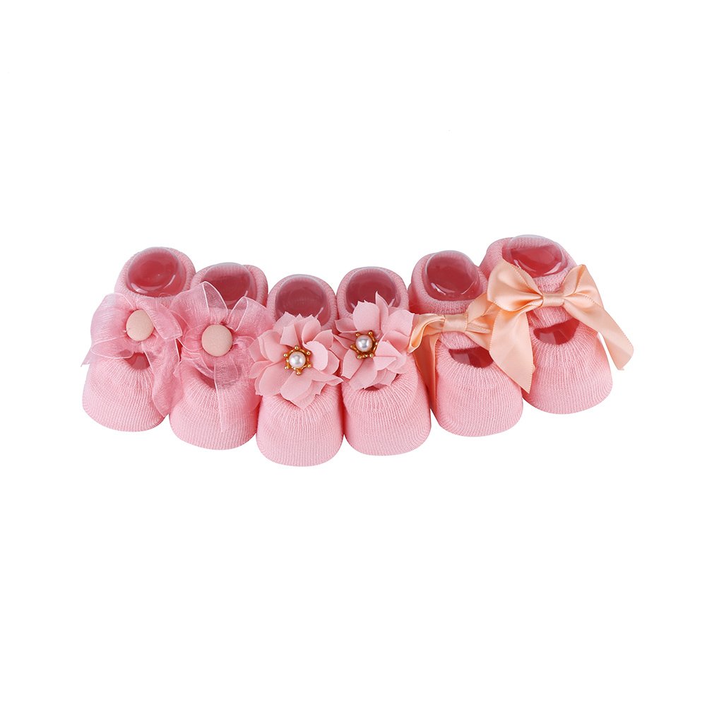 Hztyyier 3 Pairs/Set Baby Toddler Non-skid Socks Little Girls Cute Cartoon Floor Socks Anti-slip Lace Flower Bow Tie Floor Socks For Baby Infant(S(0-1-PINK) Hats and Children'S Accessories