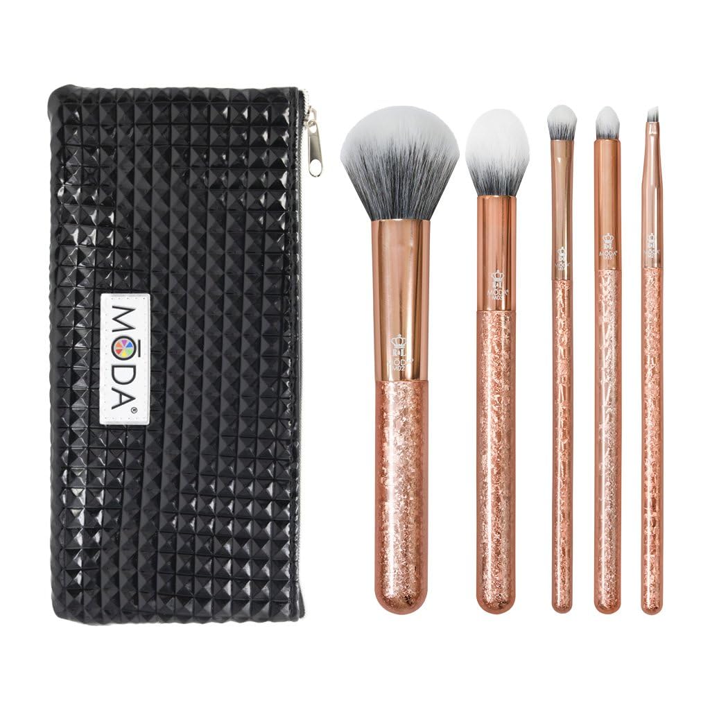 MODA Royal & Langnickel Full Size Crackle 6pc Makeup Brush Set with Pouch Includes - Multi-Purpose Powder, Contour, Eye Shader, Smoky Eye, and Angle Liner, Rose Gold
