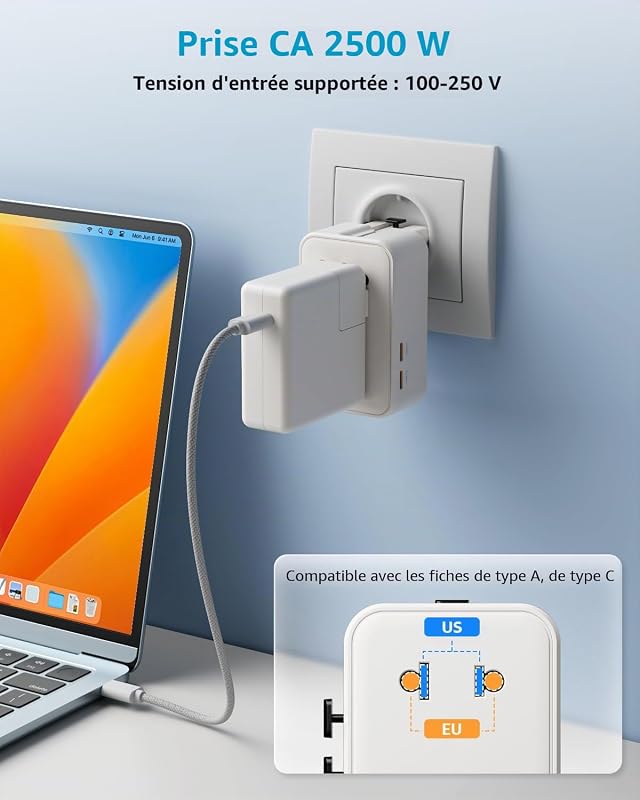 “Air” Adaptateur Prise Universelle avec 2 USB-C(PD 25W) ＆ 2 USB-A — photo 4 sur 8
