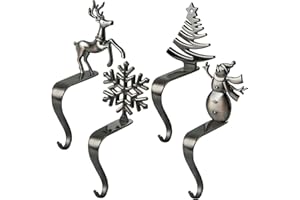 Fonder Mols Christmas Stocking Holders for Mantle, Xmas Fireplace Hanger Hooks Metal Grips Clips, Antique Gray Chrome, Set of 4