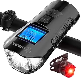 CHILEAF Sport Fahrradcomputer, LED Fahrradlicht 4 Licht-Modi, USB Wiederaufladbare Frontlicht und Rücklicht Set, und 120 DB Loud Bike Bell, Fahrradlichter mit USB-Kabel für Mountainbike-MEHRWEG