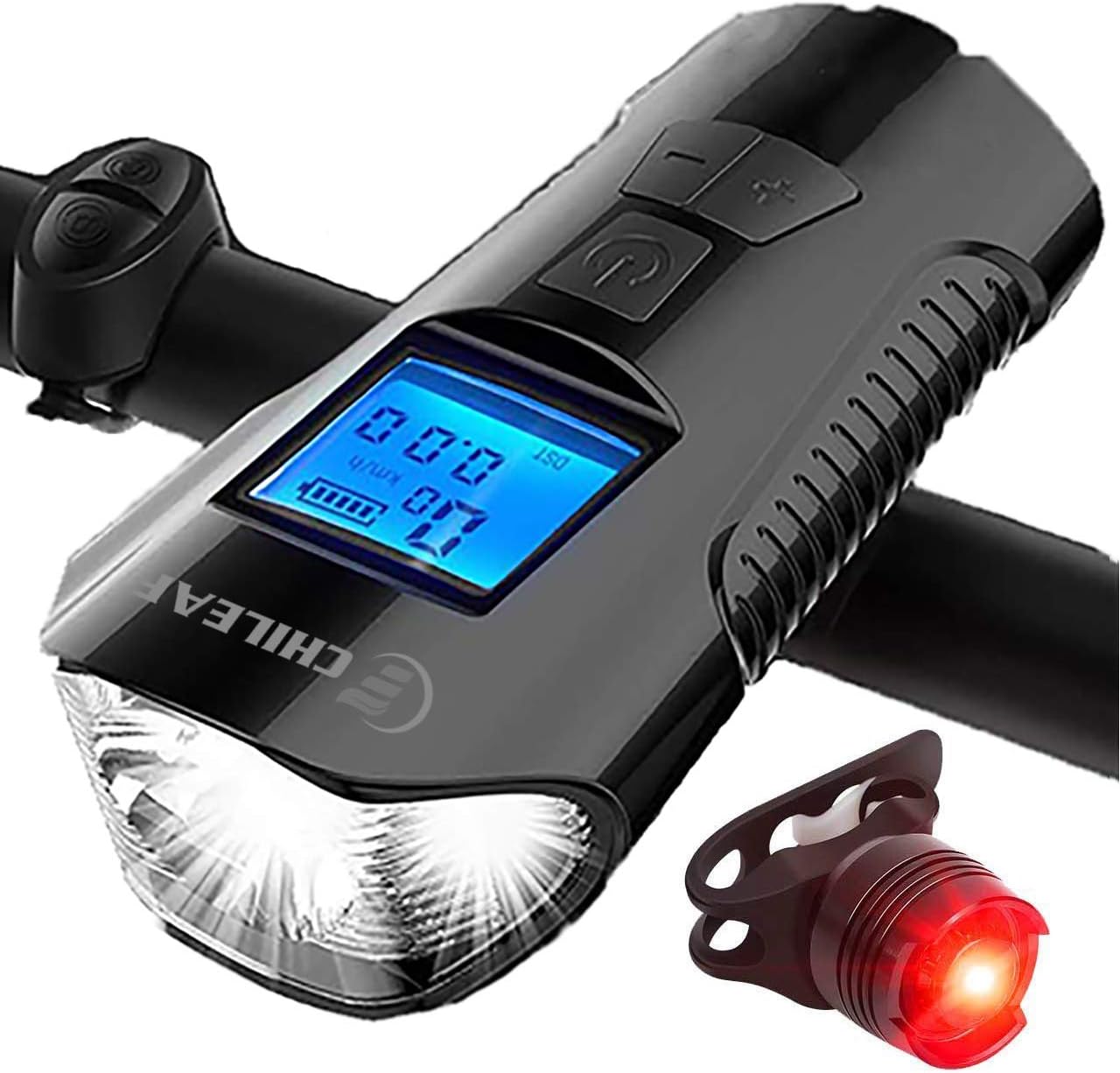 CHILEAF Sport Fahrradcomputer, LED Fahrradlicht 4 Licht-Modi, USB Wiederaufladbare Frontlicht und Rücklicht Set, und 120 DB Loud Bike Bell, Fahrradlichter mit USB-Kabel für Mountainbike-MEHRWEG