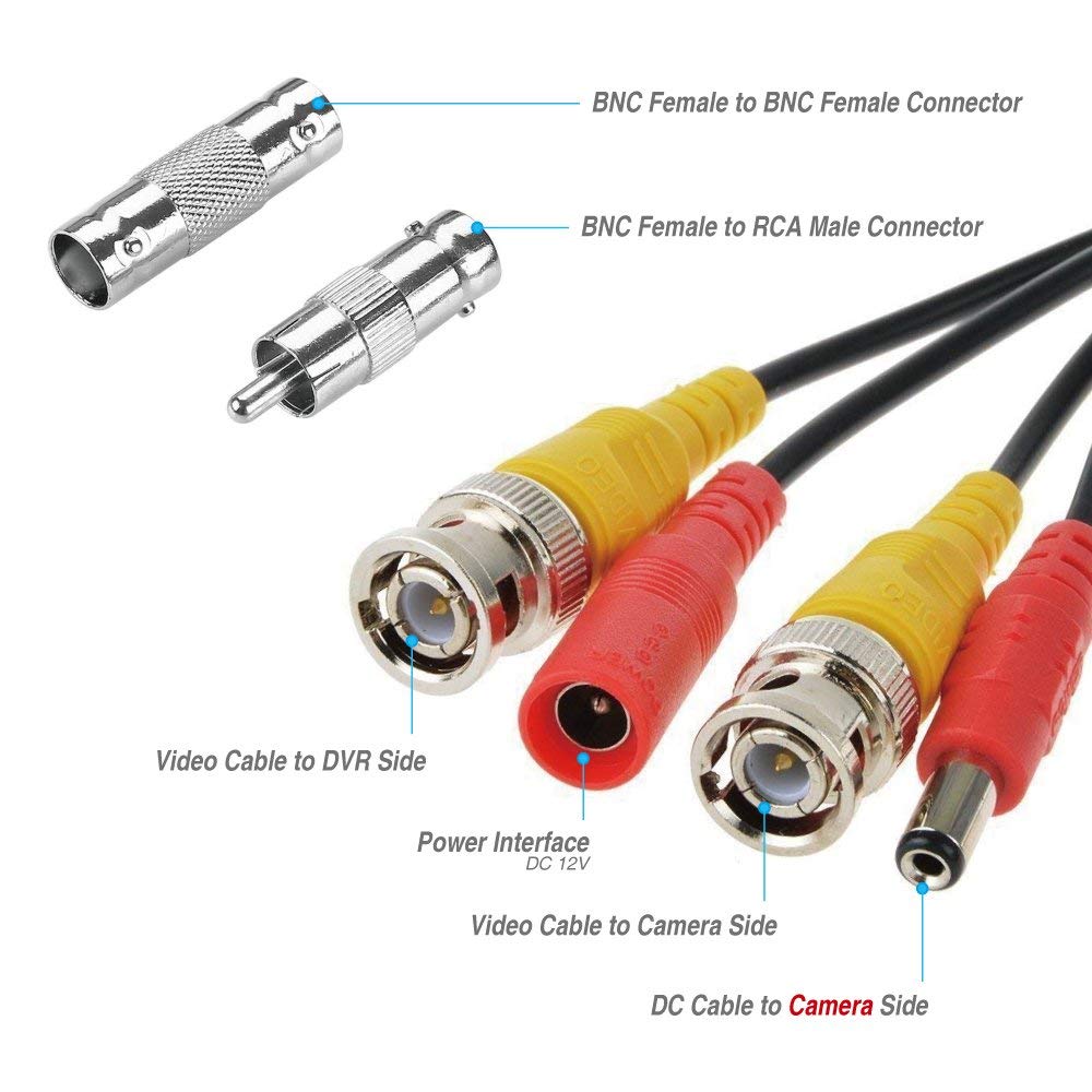 LONNKY 100ft 30M BNC Cable Security Camera Wire Cord with BNC Connectors and RCA Adapters Video Power Cable for CCTV Camera Surveillance Kit and Security Camera System,Black