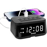 Sharp Digital Alarm Clock with USB 2 AMP Fast Charge Port &amp; White LED Display