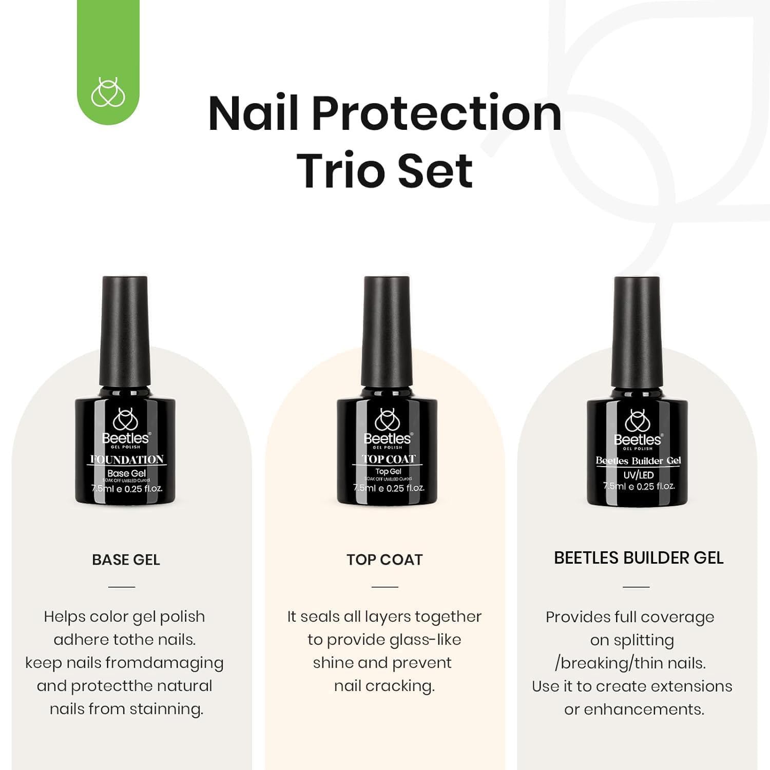 Beetles 3 Pcs Gel No Wipe Base Top Coat & Builder Set, Shine Finish and Long Lasting, Soak Off LED Transparent Building Strengthener Hard Gel for Nail Art - Image 2