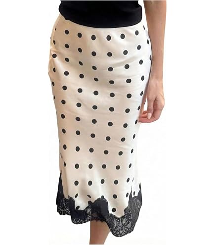 Women Polka Dot Satin Lace Skirt Silk Lace Trim Long Skirts A Line