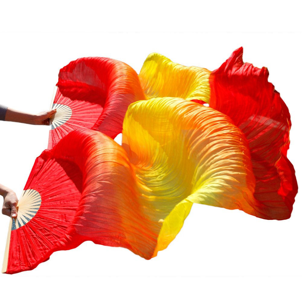 Leemiman Women 1.8 m Long Belly Dance 100% Silk Bamboo Fan Veils 1 Pair(L+R) (Red yellow red)