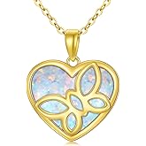 YDD 14K Solid Gold Opal Necklace for Women Dainty Opal Butterfly Necklace Heart Butterfly Pendant Necklace Jewelry Gifts for Her 16"-18"