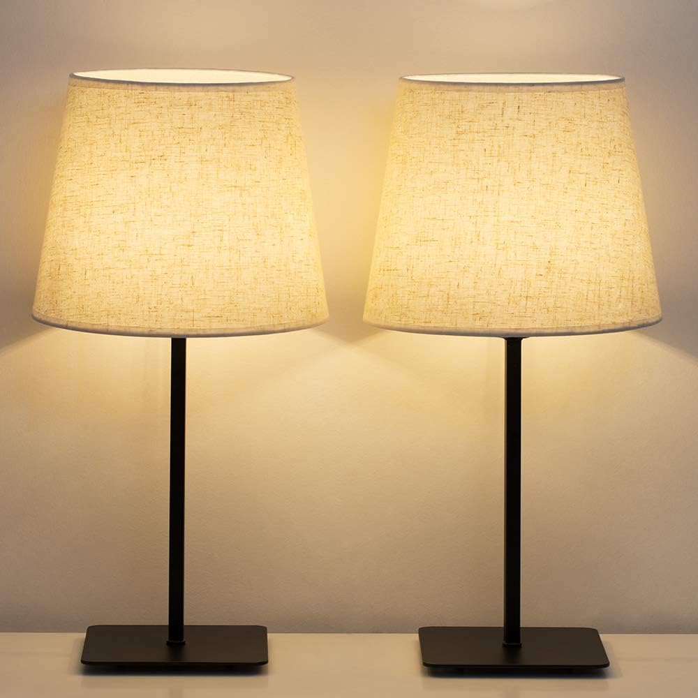 HAITRAL Modern Table Lamps - Classic Nightstand Lamps Set of 2, Japanese-Style Beside Desk Lamps for Bedroom, Office, College Dorm, Ideal Gifts with Metal Base & Fabric Shade - Black (HT-TH87-02X2)