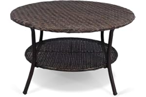 Cambridge Outdoor Wicker Round Coffee Table, All-Weather 2-Tier Patio Side Table w/Storage, Brown