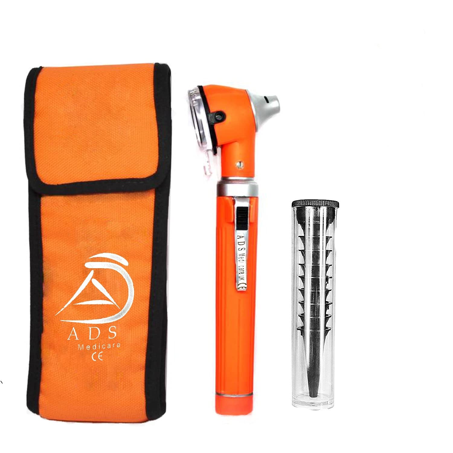 ADS Medicare Mini Otoscope ENT Optical Fibre LED Illumination Medical Tool Diagnostic Examination CE Approved with Complimentary Ear Cleaner & Spare Bulb (Orange)