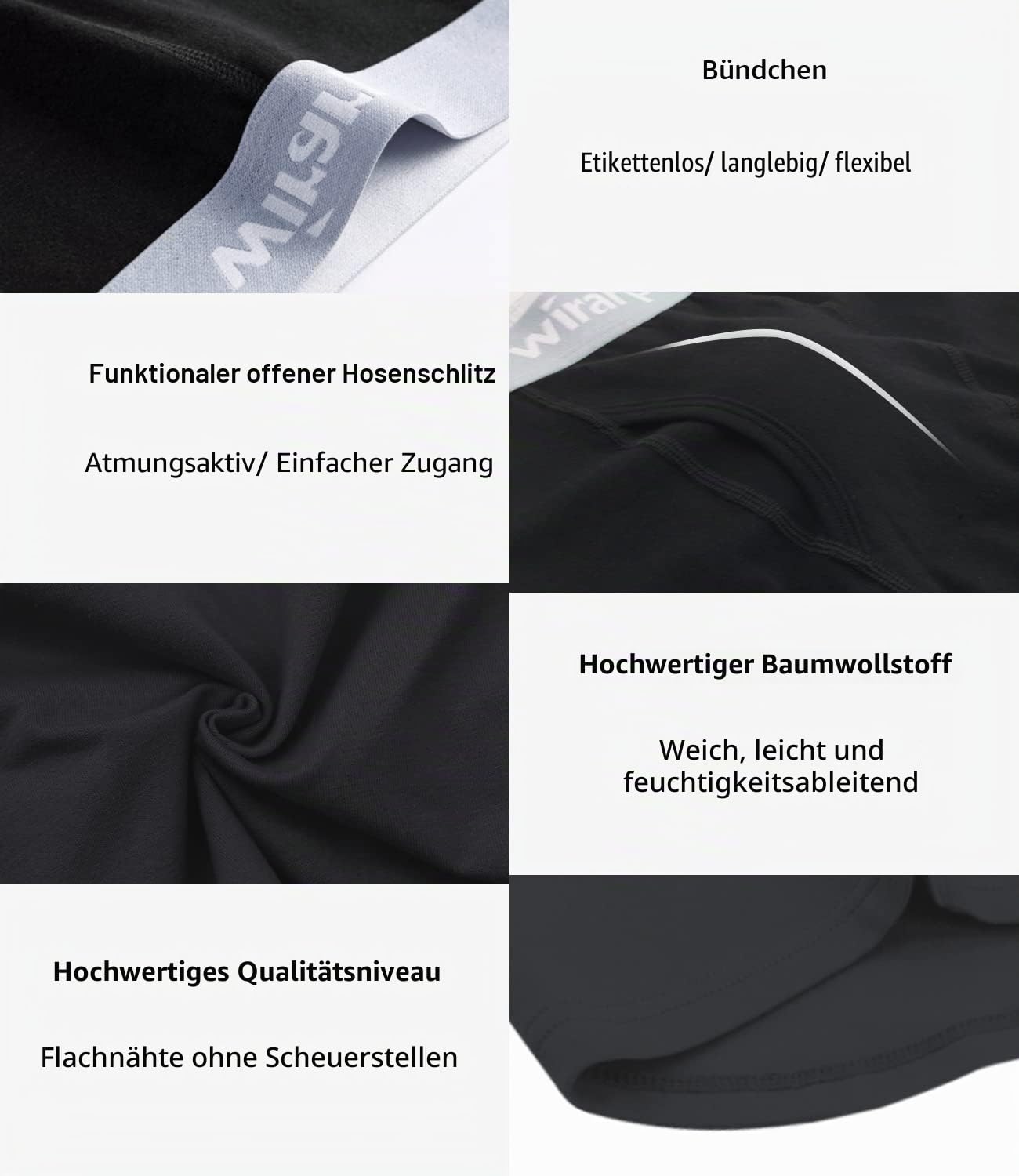 wirarpa Boxershorts Herren Baumwolle Männer Unterhosen Stretch Unterwäsche Men Boxer mit Eingriff ohne Etikett 4er Pack Schwarz Größe L 6