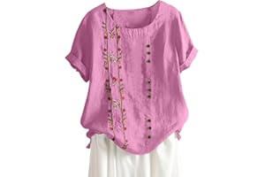 KICILVS Women's Summer Tops Casual Cotton Linen T Shirts Short Sleeve Round Neck Shirt Oversized Floral Graphic Tees