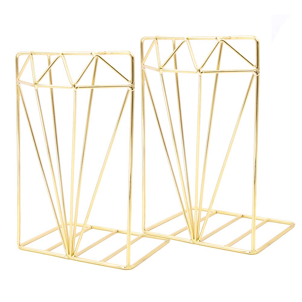 Metal Bookends Diamond Design Book Ends Heavy Duty Modern Decorative for Bedroom Library Office School Book Display Desktop Organizer Gift (Gold)