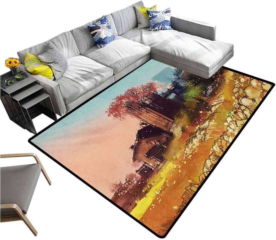 Fantasy Carpet Scene of Wooden Rustic Barn on Fall Season Valley Idyllic Countryside Nature Rural Rugs Mat for Living Room Bedroom Multicolor (5'x8')