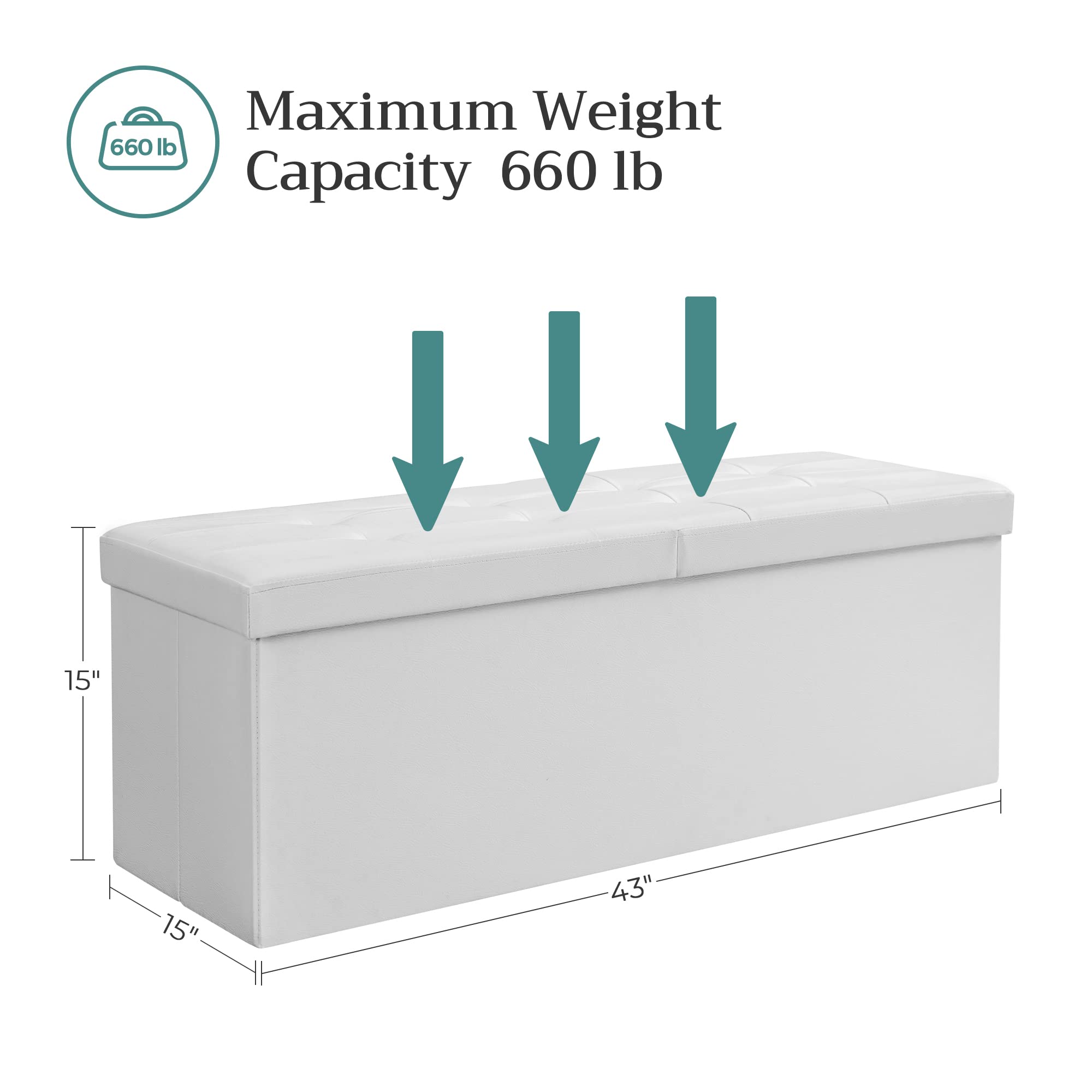 SONGMICS 43 Inches Folding Storage Ottoman Bench with Flipping Lid, Storage Chest Footrest Padded Seat with Iron Frame Support, White ULSF75WT