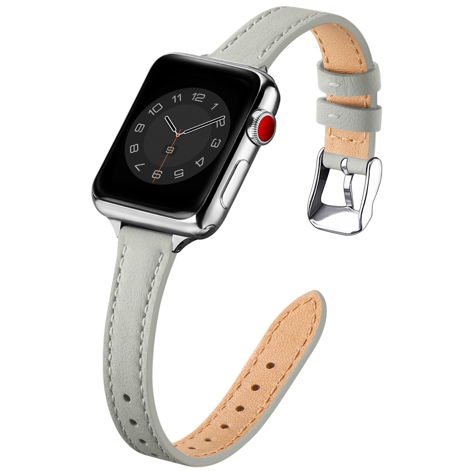 SUNFWR Compatible with Apple Watch Strap 42mm 44mm 45mm,Genuine Leather Strap Replacement,Slim&Thin Wristband for iwatch Series 7/6/5/4/3/2/1,SE(42mm 44mm 45mm,Gray&Silver)